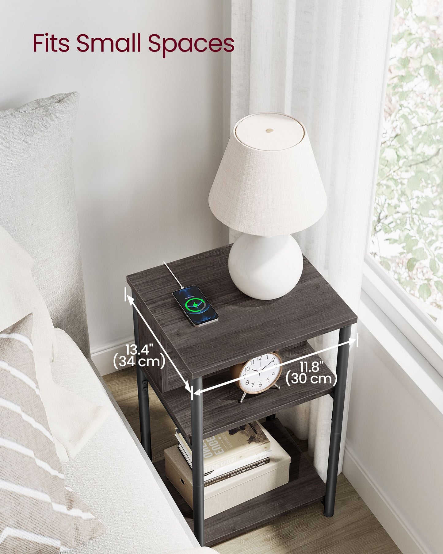 3-Tier End Table with Charging Station Chestnut Brown and Black