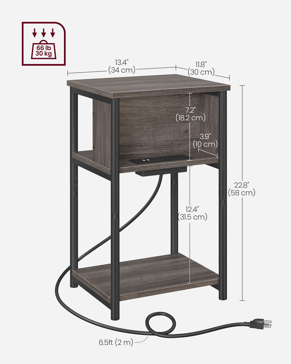 3-Tier End Table with Charging Station Chestnut Brown and Black