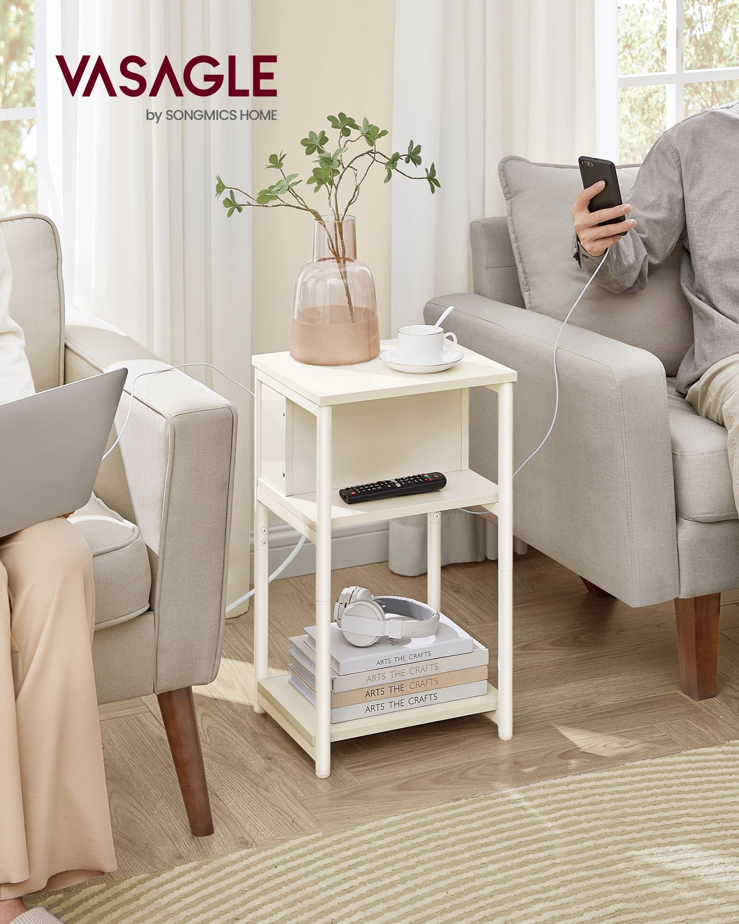 3-Tier End Table with Charging Station Chestnut Brown and Black