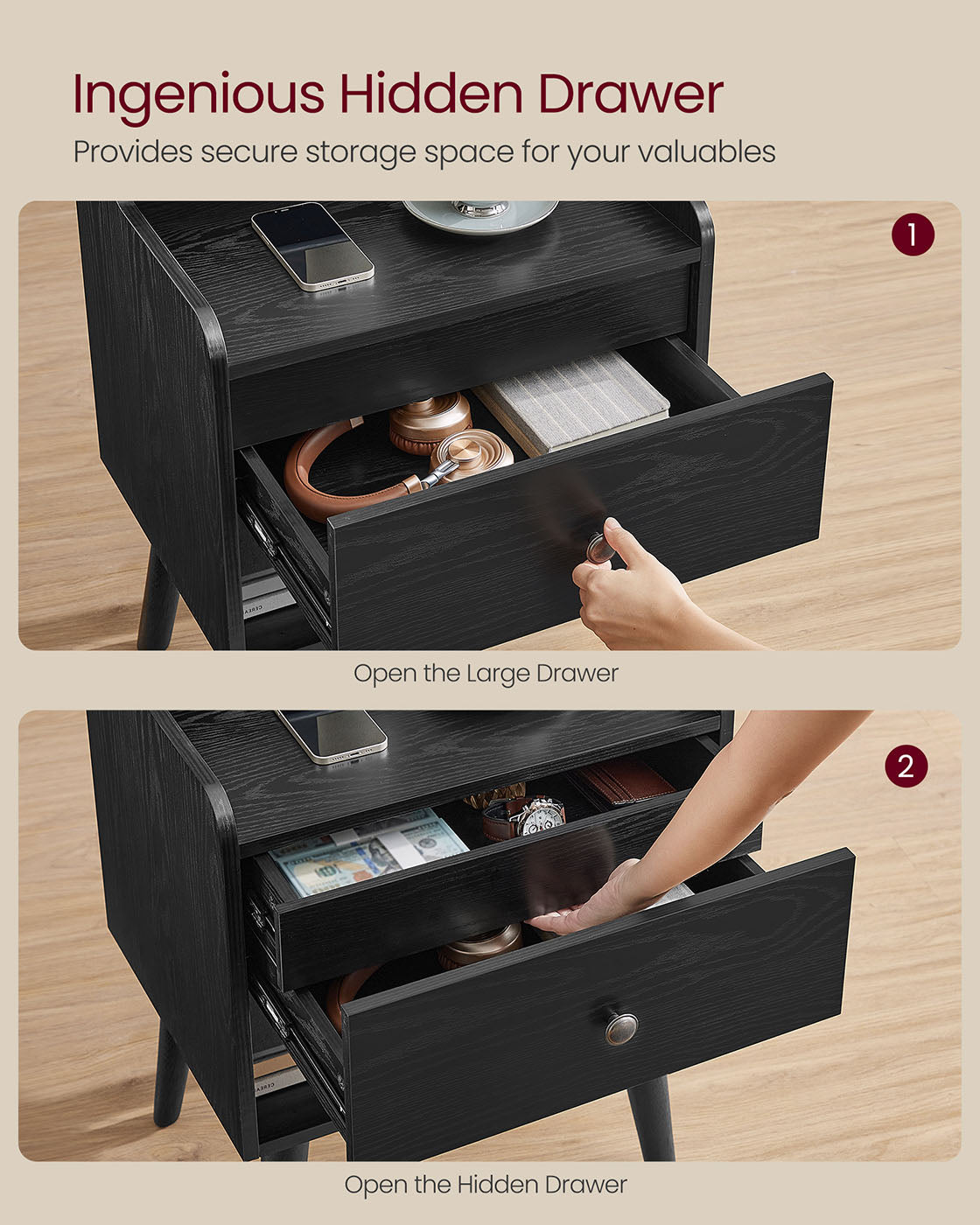 Nightstands with Hidden Drawers, Set of 2
