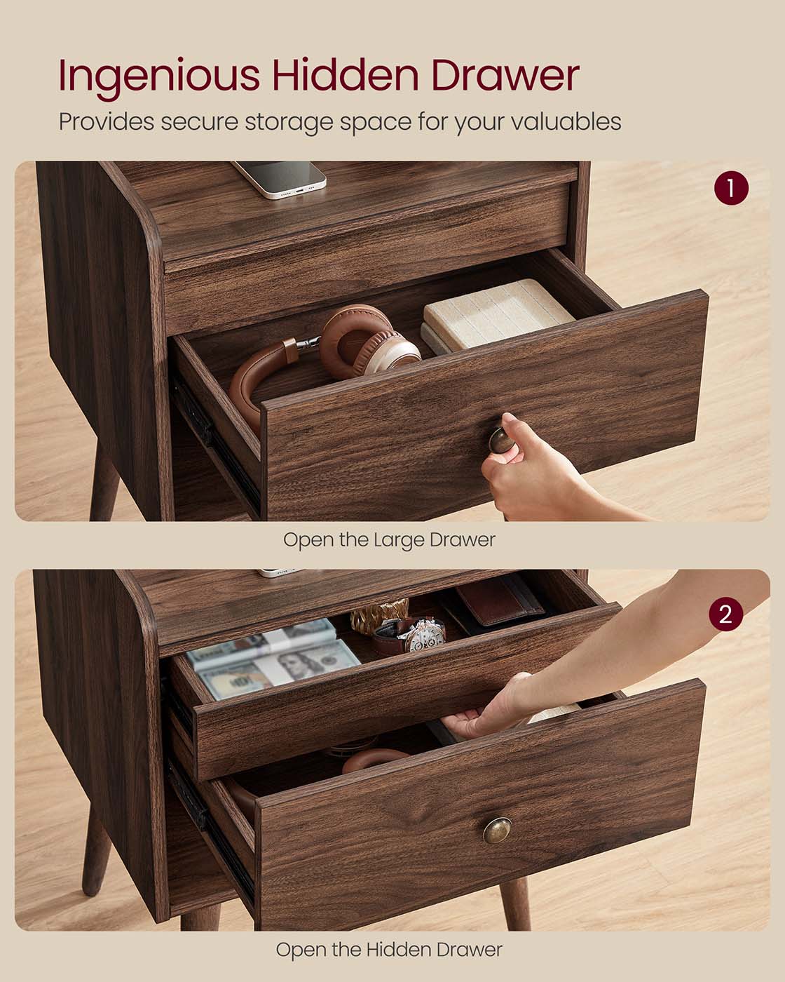 Bedside Tables with Hidden Drawers, Set of 2