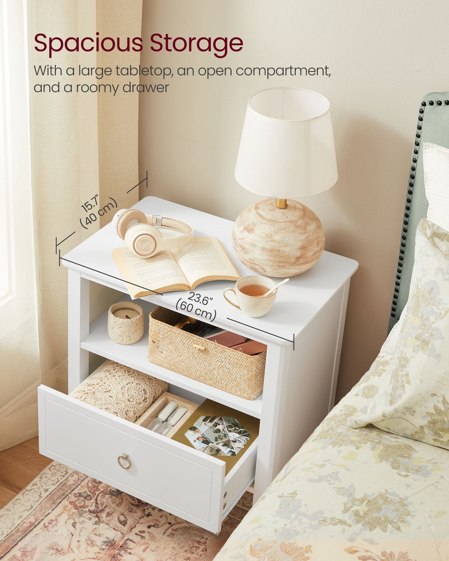Nightstands, Set of 2 Bedside Tables, Side End Tables with Drawer and Open Shelf