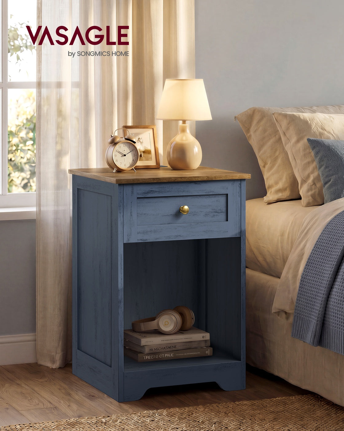 Farmhouse nightstand with charging station and drawer