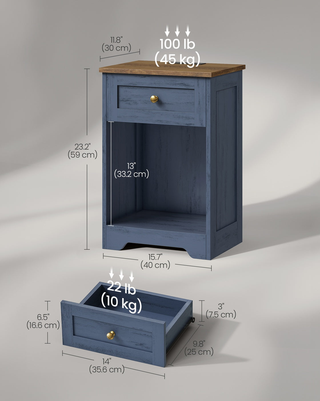 Farmhouse nightstand with charging station and drawer