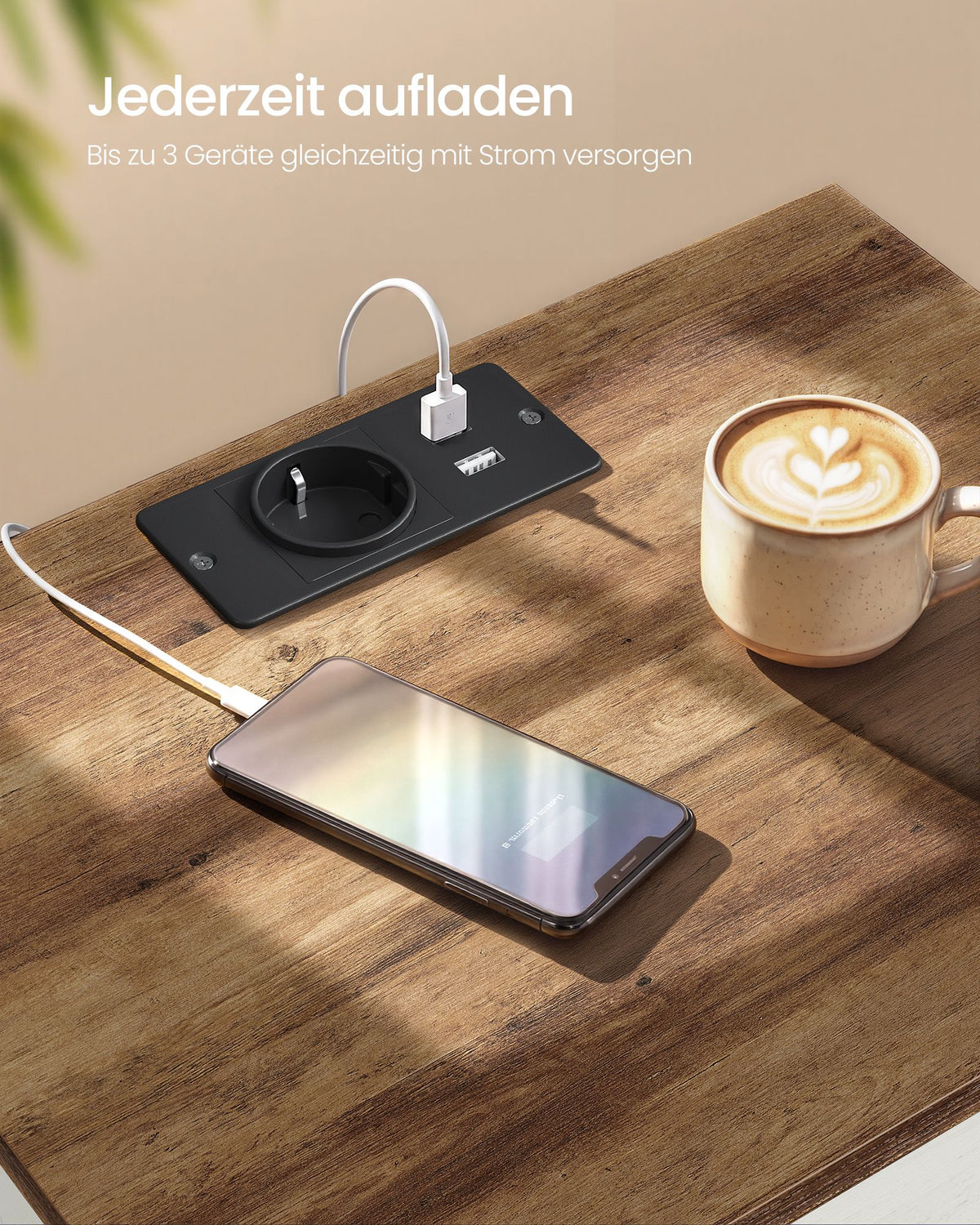 White and Brown One-Drawer Bedside Table with Charging Station