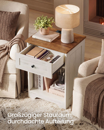 White and Brown One-Drawer Bedside Table with Charging Station
