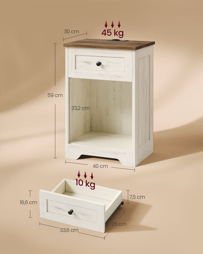 White and Brown One-Drawer Bedside Table with Charging Station