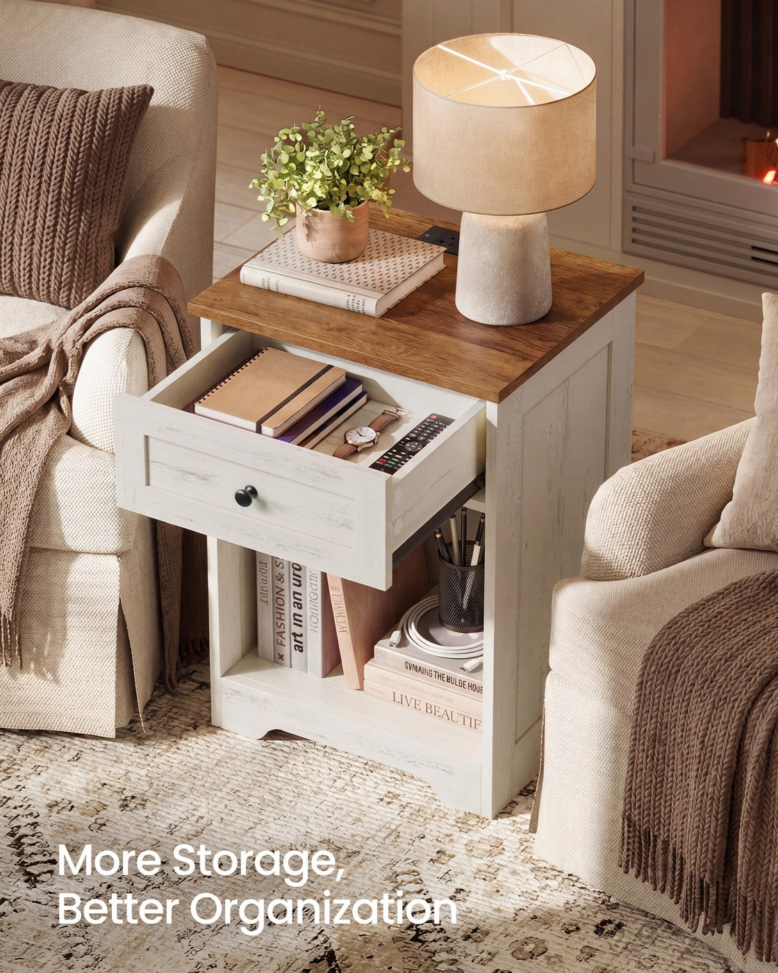 Farmhouse nightstand with charging station and drawer