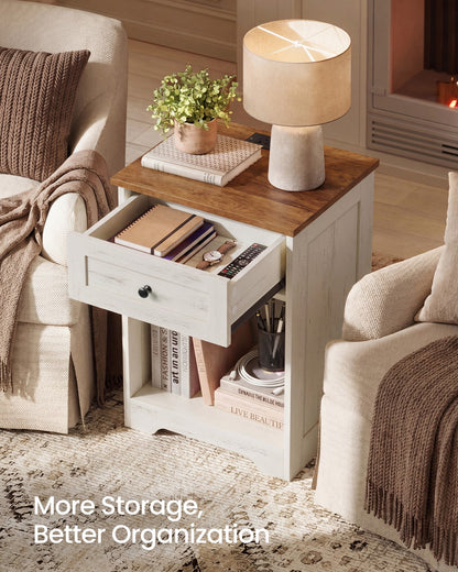 Farmhouse nightstand with charging station and drawer