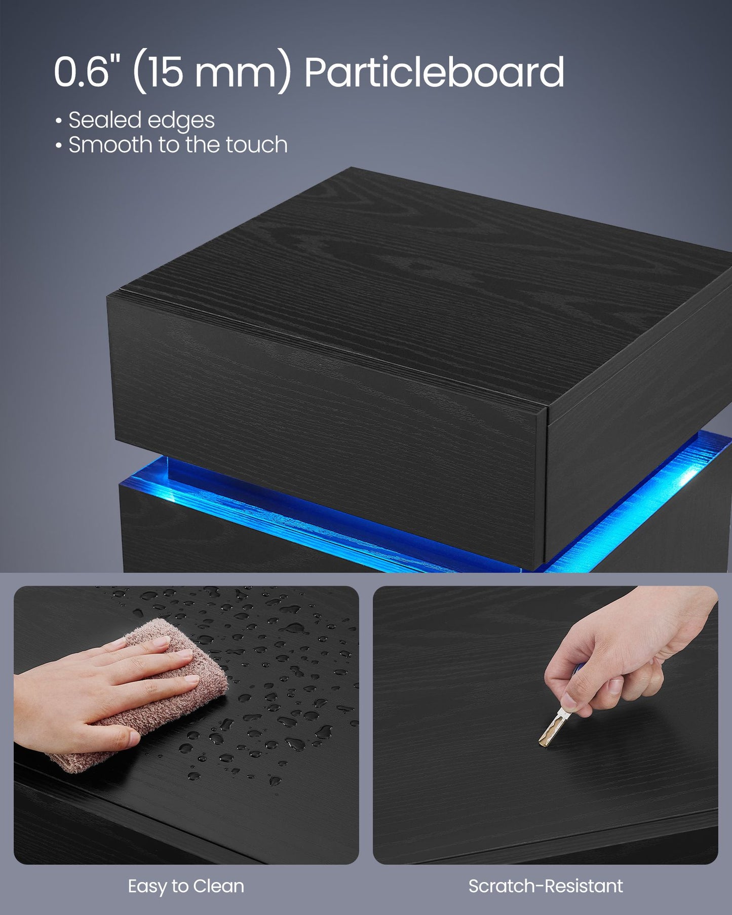Nightstand with LED Lights, Adjustable Light Colors - HWLEXTRA 