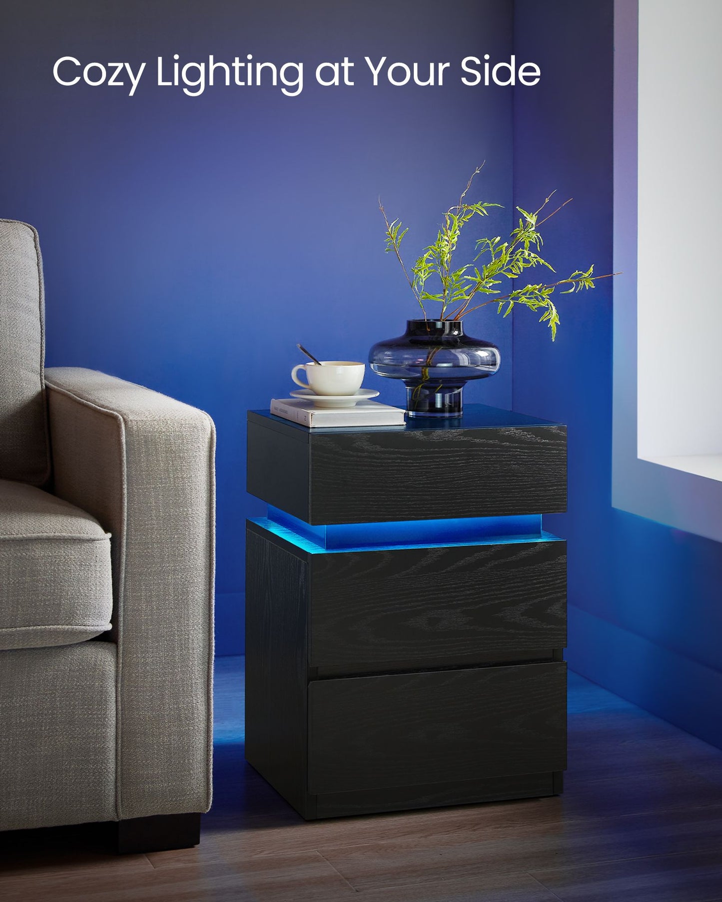Nightstand with LED Lights, Adjustable Light Colors - HWLEXTRA 