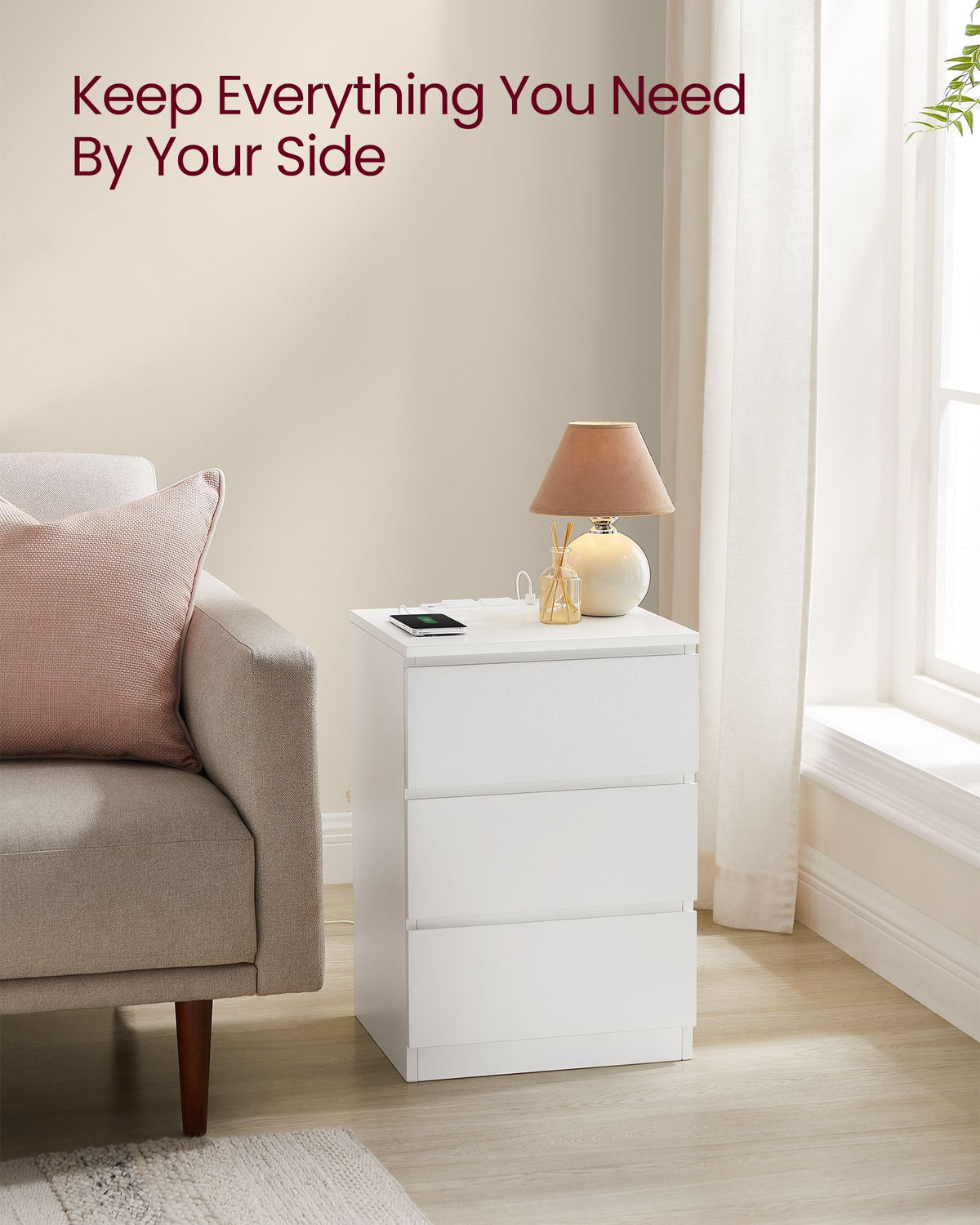Nightstands with Charging Station, Set of 2,Cloud White