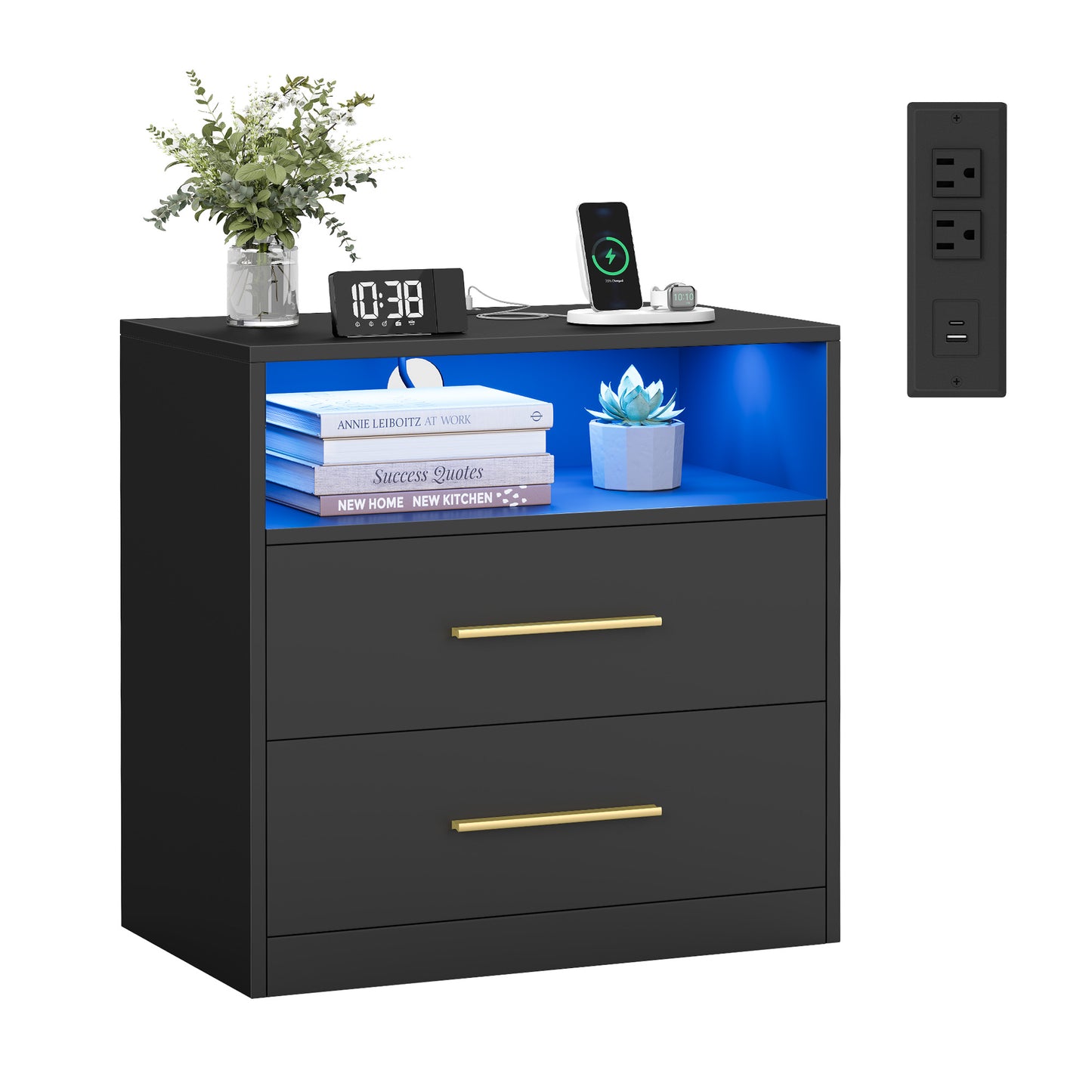CUSTOS Collection - Nightstand with Charging Station, LED Lights