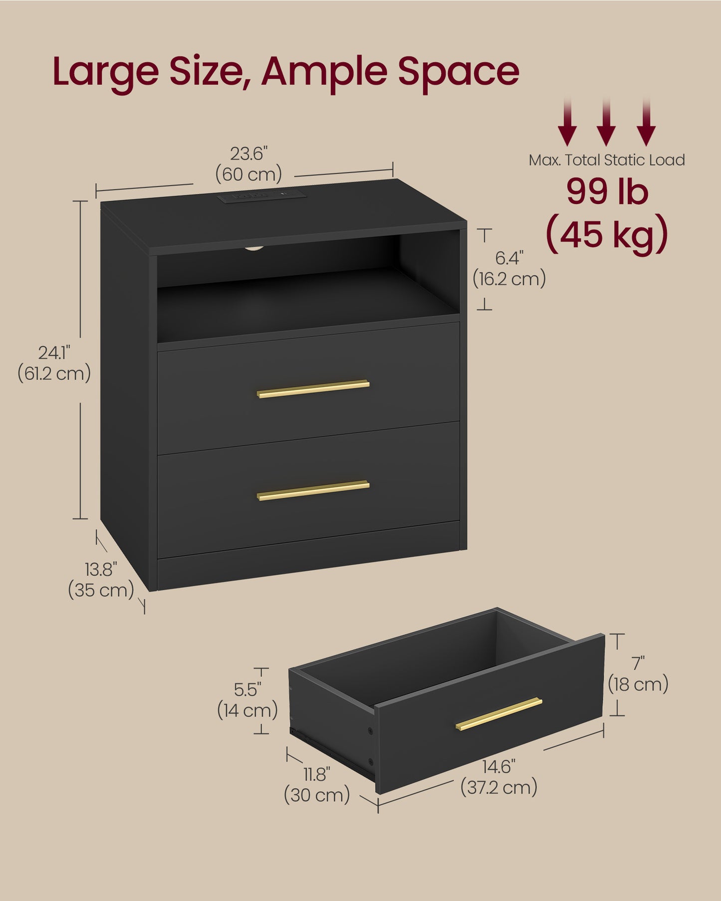 CUSTOS Collection - Nightstand with Charging Station, LED Lights