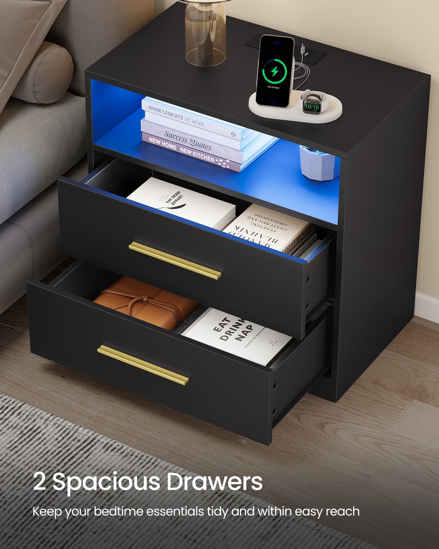 CUSTOS Collection - Nightstand with Charging Station, LED Lights
