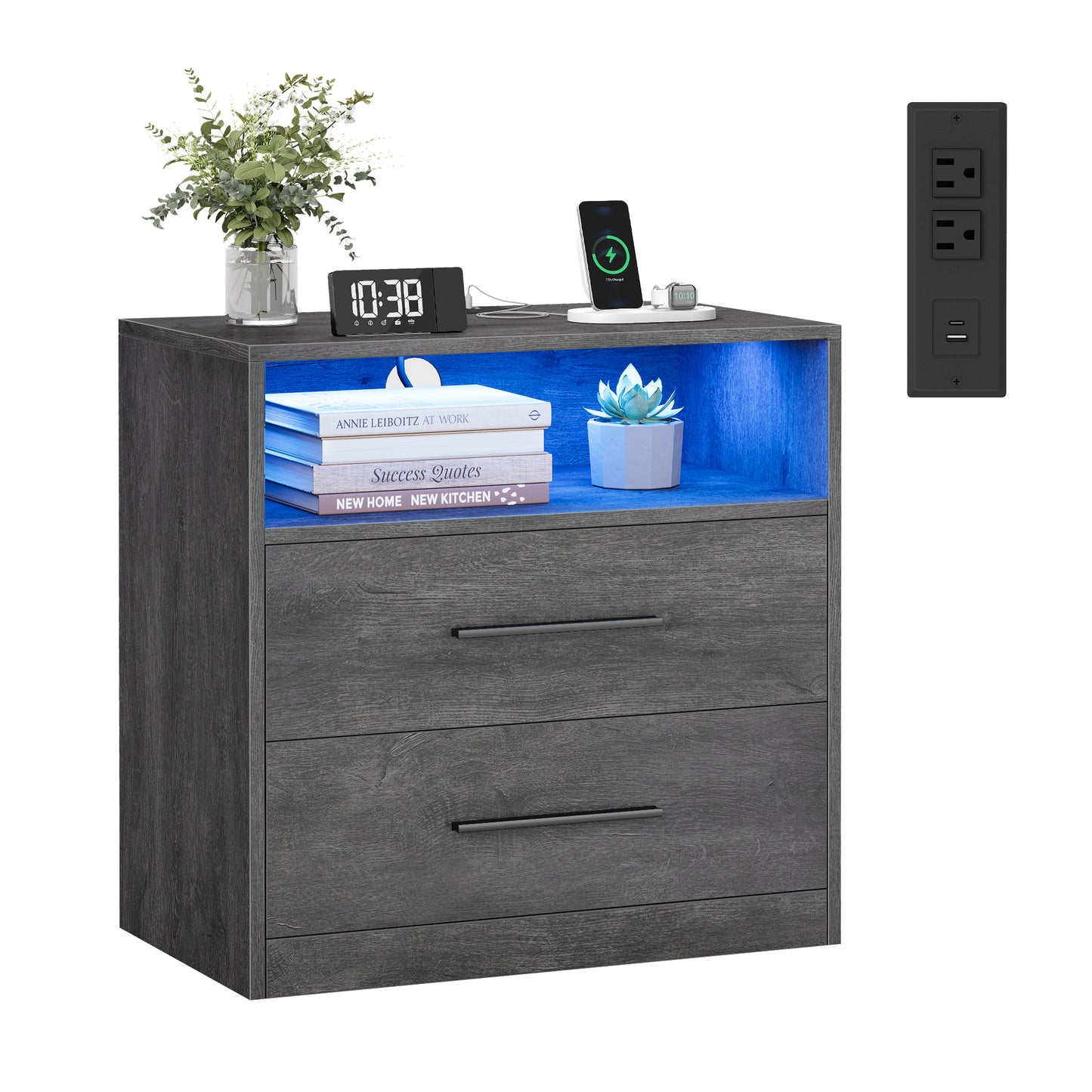 CUSTOS Collection - Nightstand with Charging Station, LED Lights