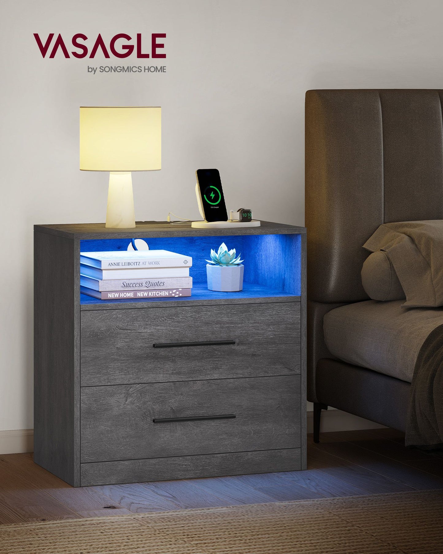 CUSTOS Collection - Nightstand with Charging Station, LED Lights