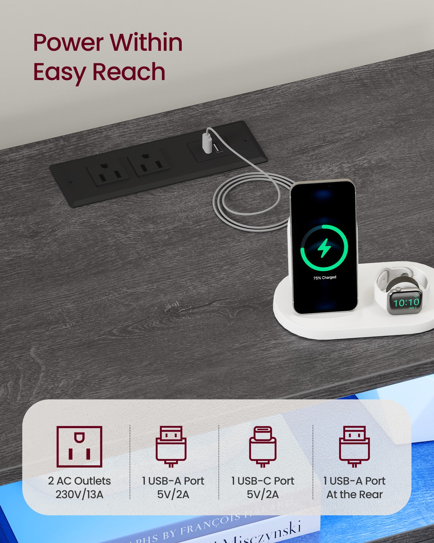 CUSTOS Collection - Nightstand with Charging Station, LED Lights
