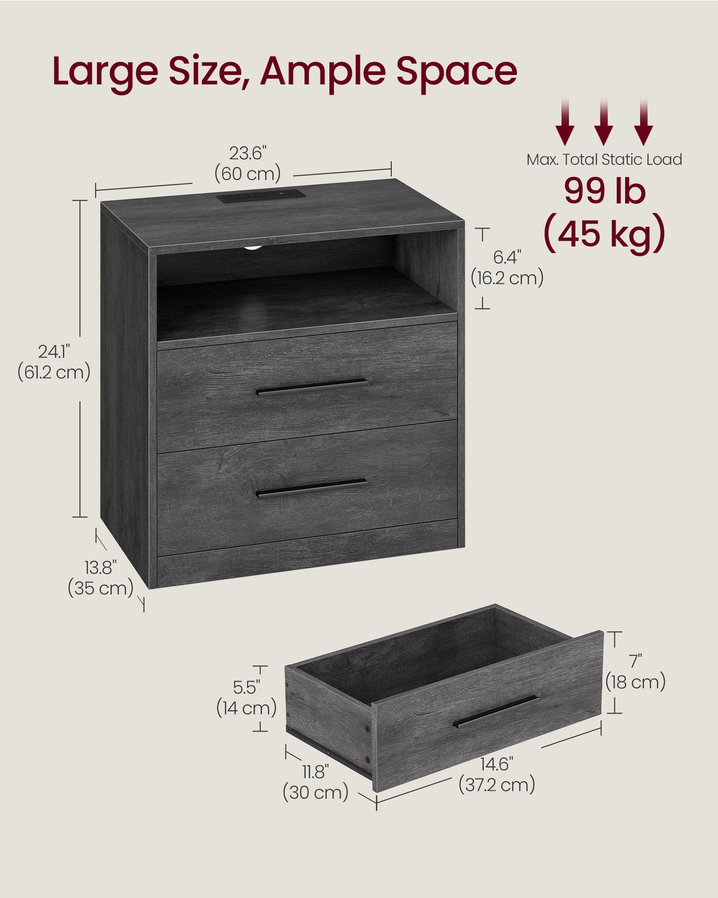 CUSTOS Collection - Nightstand with Charging Station, LED Lights