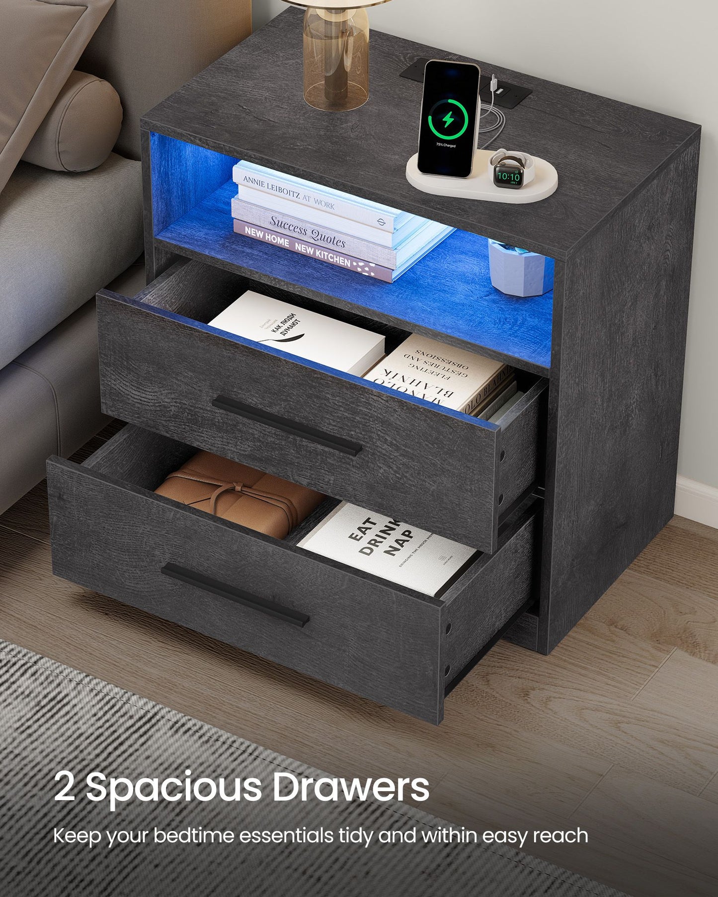 CUSTOS Collection - Nightstand with Charging Station, LED Lights