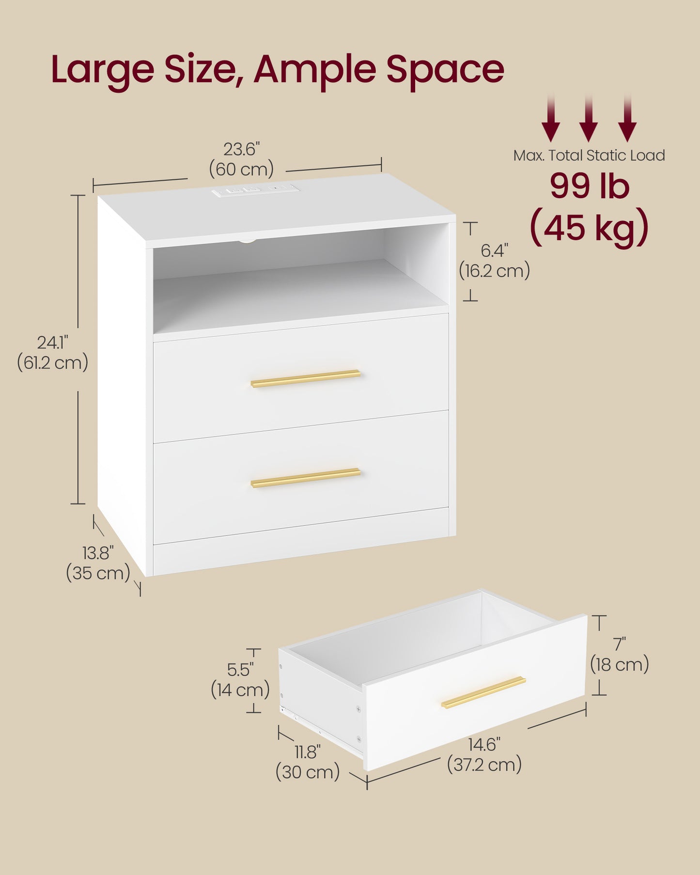 CUSTOS Collection - Nightstand with Charging Station, LED Lights
