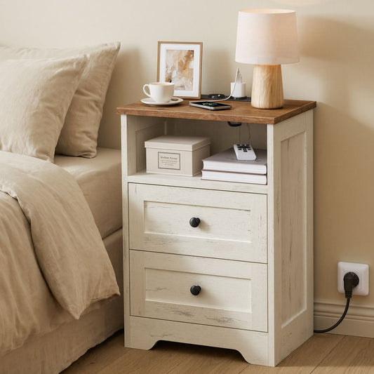 White and Brown Two-Drawer Bedside Table with Charging Station - image 1