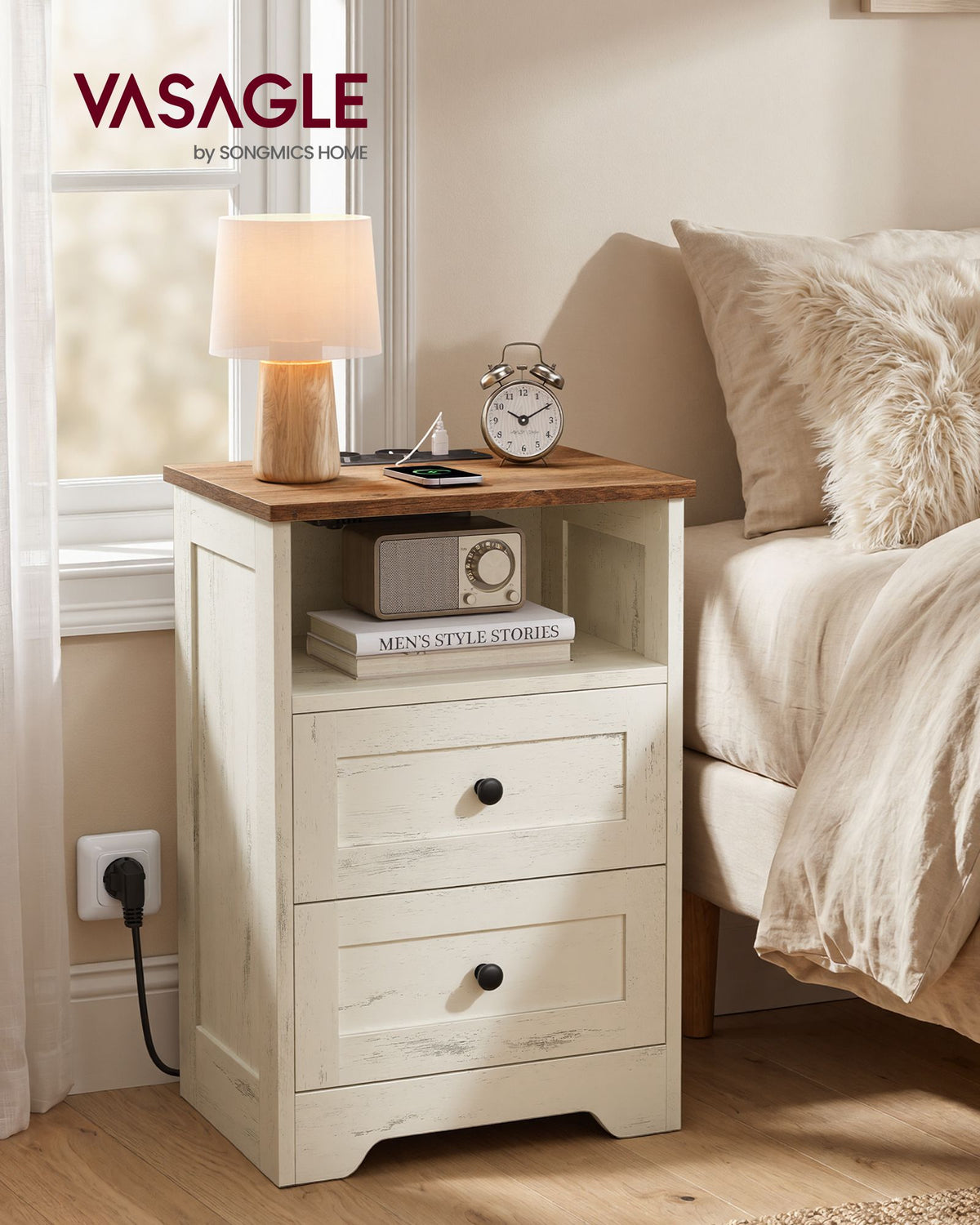 White and Brown Two-Drawer Bedside Table with Charging Station