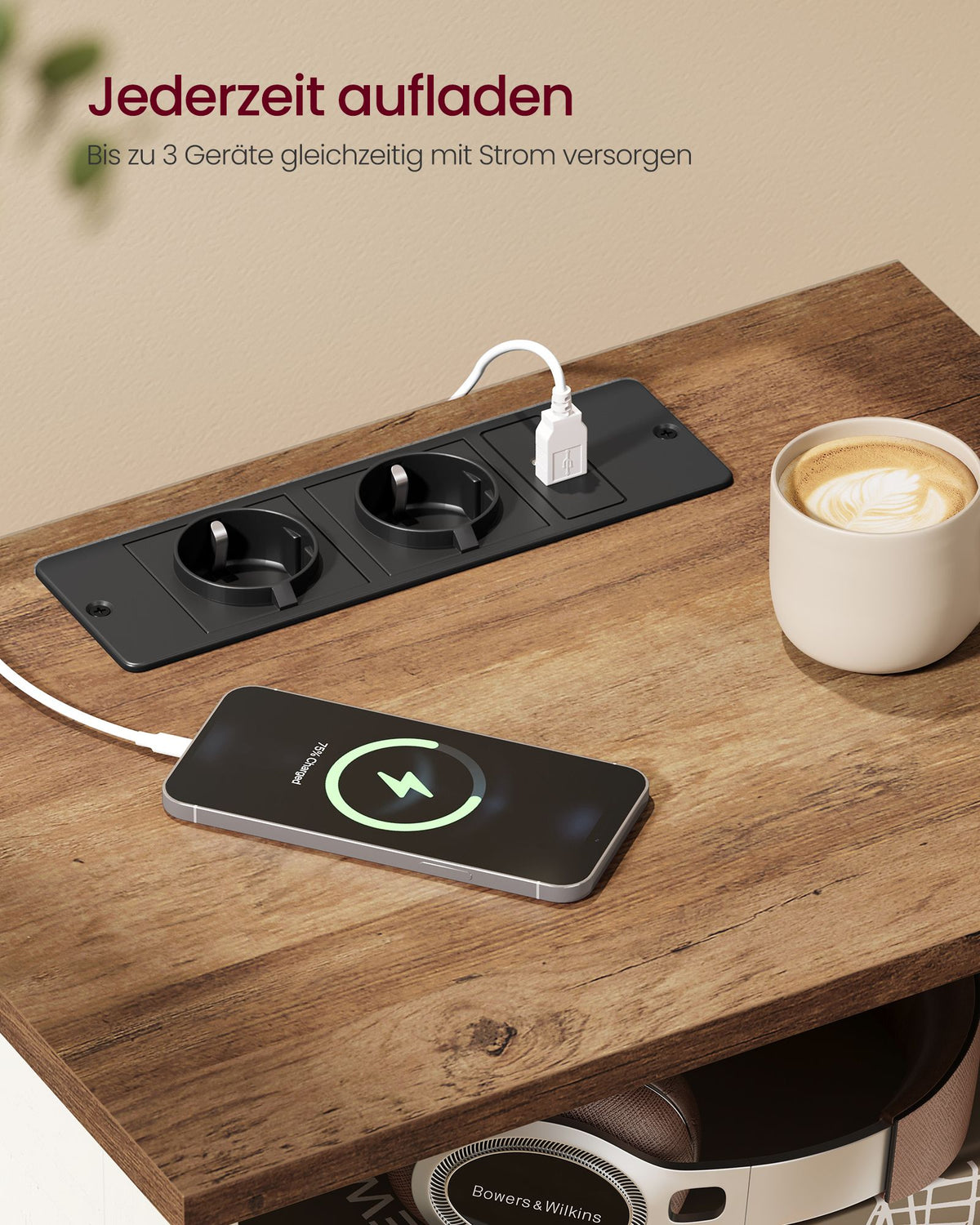 White and Brown Two-Drawer Bedside Table with Charging Station