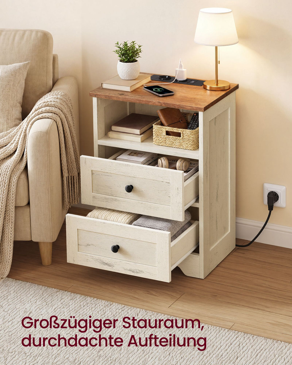 White and Brown Two-Drawer Bedside Table with Charging Station
