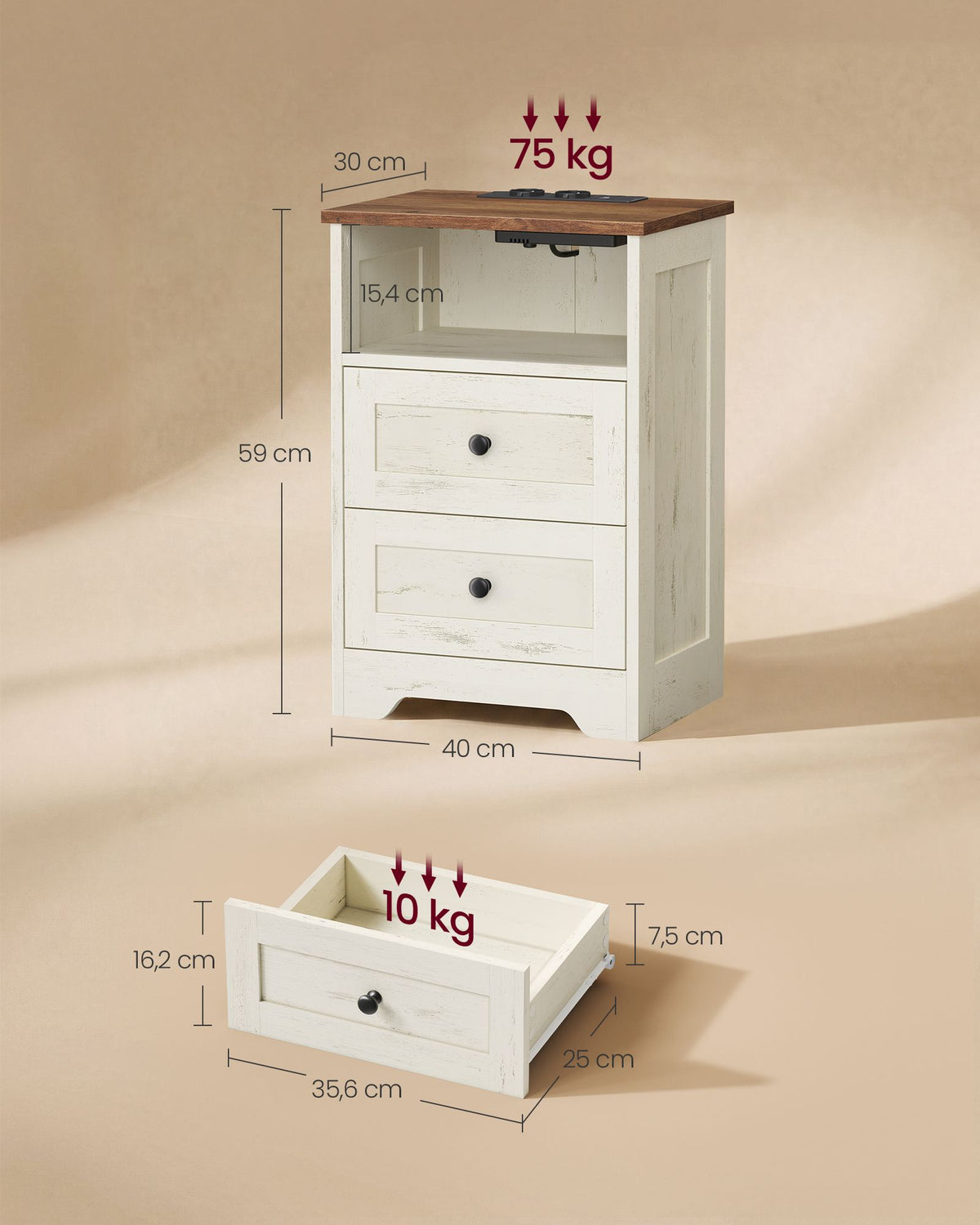 White and Brown Two-Drawer Bedside Table with Charging Station