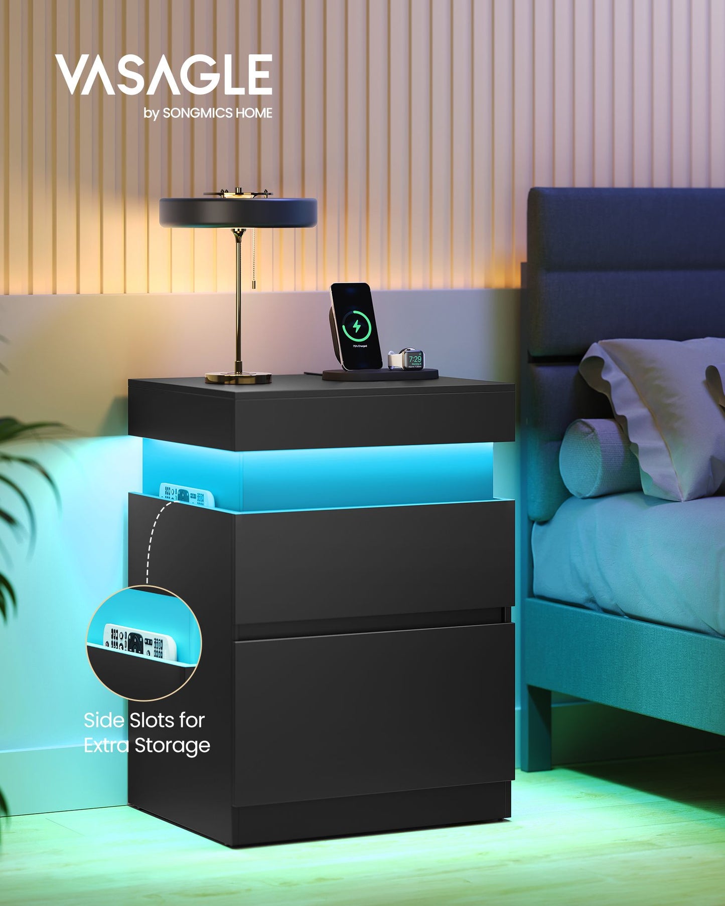 KAILYN Collection - Nightstand with Power Outlets, Sliding Lid - HWLEXTRA 