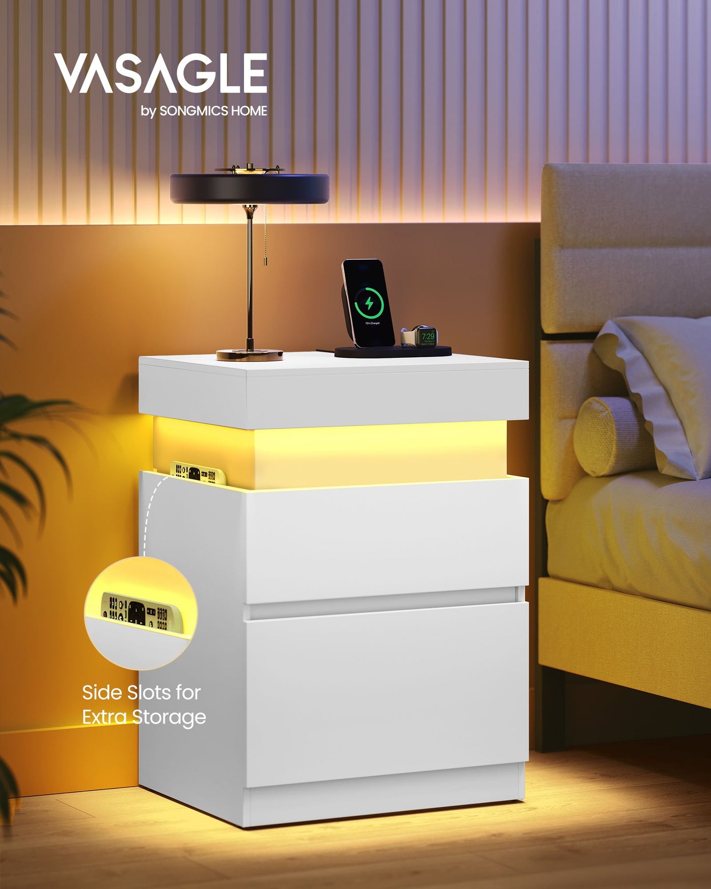 KAILYN Collection - Nightstand with Power Outlets, Sliding Lid - HWLEXTRA 