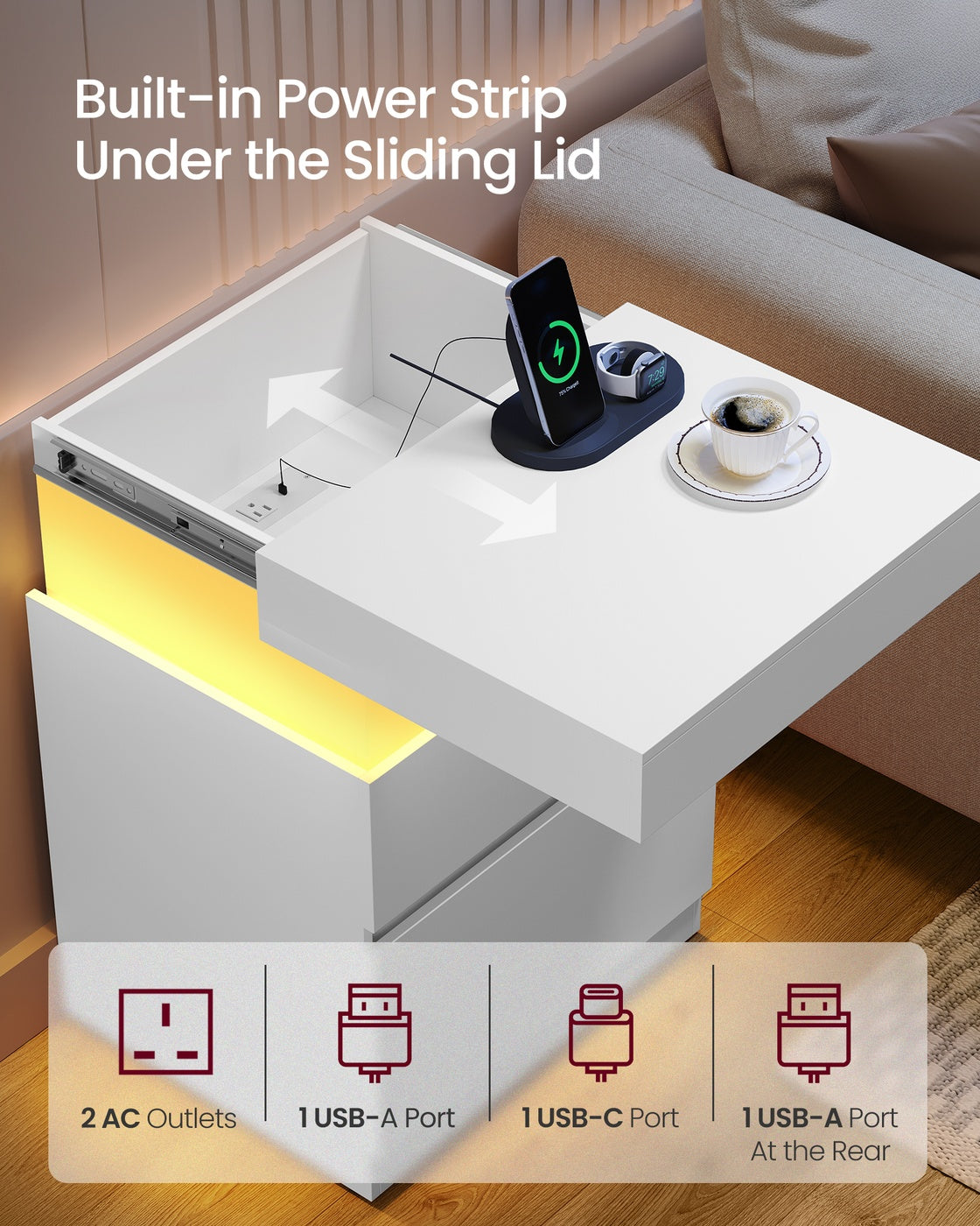 KAILYN Collection - Nightstand with Power Outlets, Sliding Lid