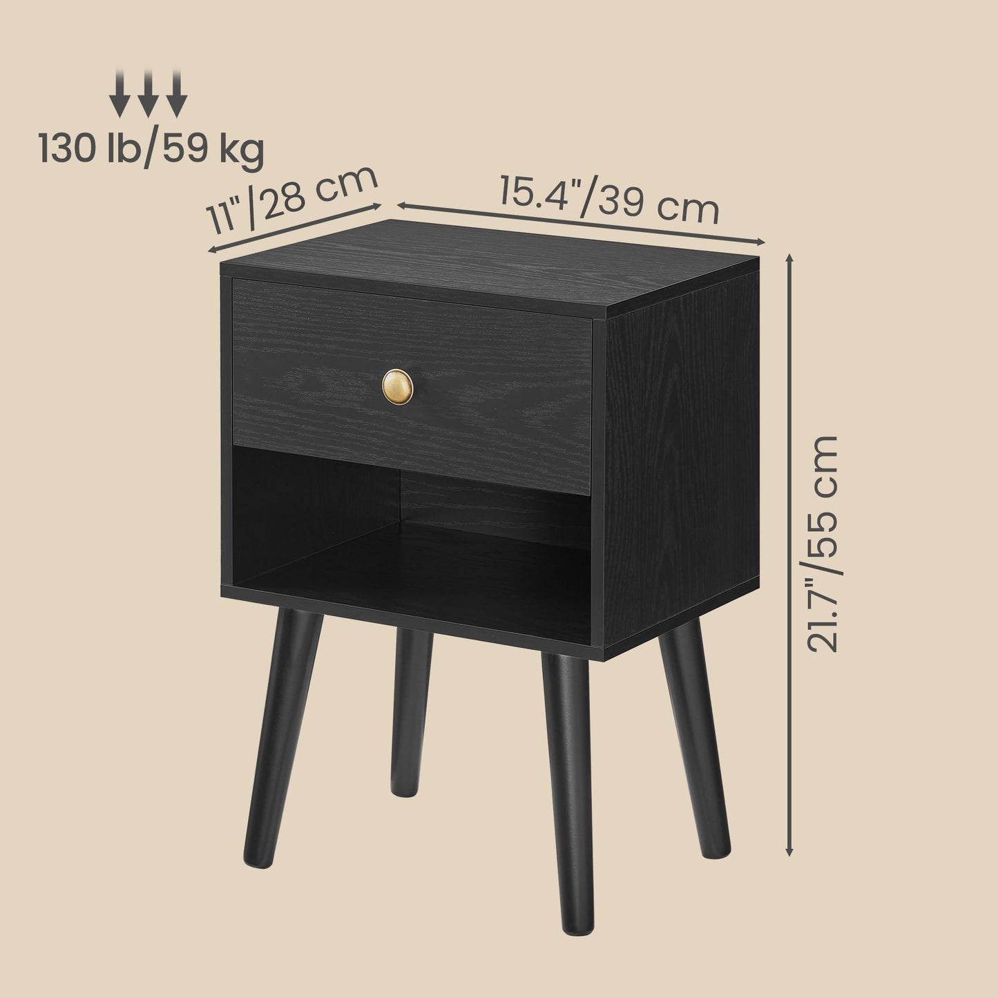 Bedside Table, Side Table with Storage Drawer and Open Shelf, Solid Wood Legs - image 9