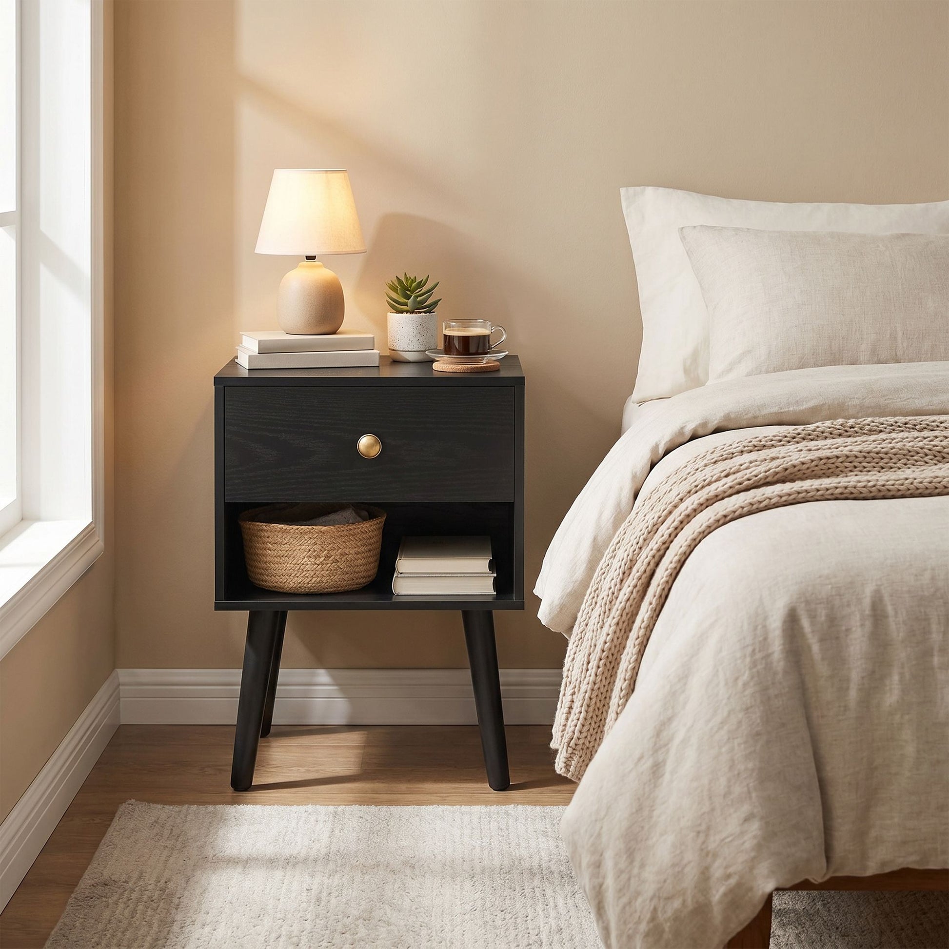 Bedside Table, Side Table with Storage Drawer and Open Shelf, Solid Wood Legs - image 10