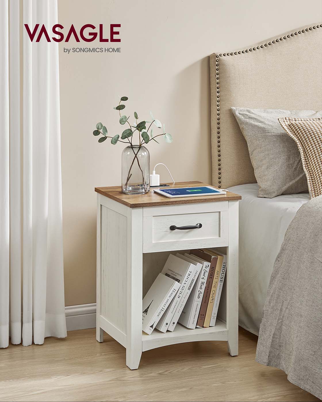 Farmhouse Nightstand with Charging Station - HWLEXTRA 