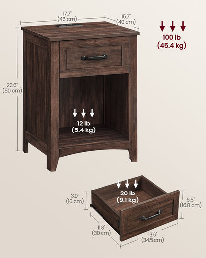 Farmhouse Nightstands with Charging Station, Set of 2, Bedside Tables with Drawer
