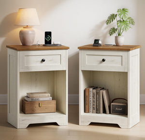 Traditional Basic Nightstand with Charging Station, Wood End Table with 1 Drawer and Open Shelf - image 4