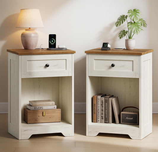Traditional Basic Nightstand with Charging Station, Wood End Table with 1 Drawer and Open Shelf - image 1