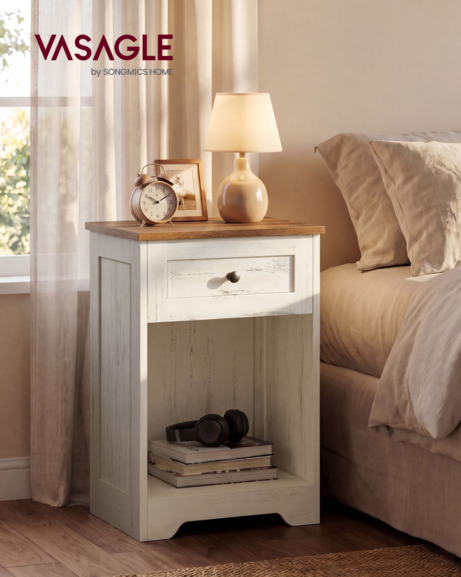 Traditional Basic Nightstand with Charging Station, Wood End Table with 1 Drawer and Open Shelf - image 2