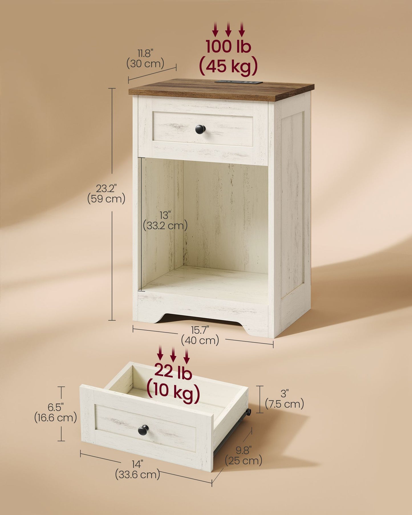 Traditional Basic Nightstand with Charging Station, Wood End Table with 1 Drawer and Open Shelf - image 3