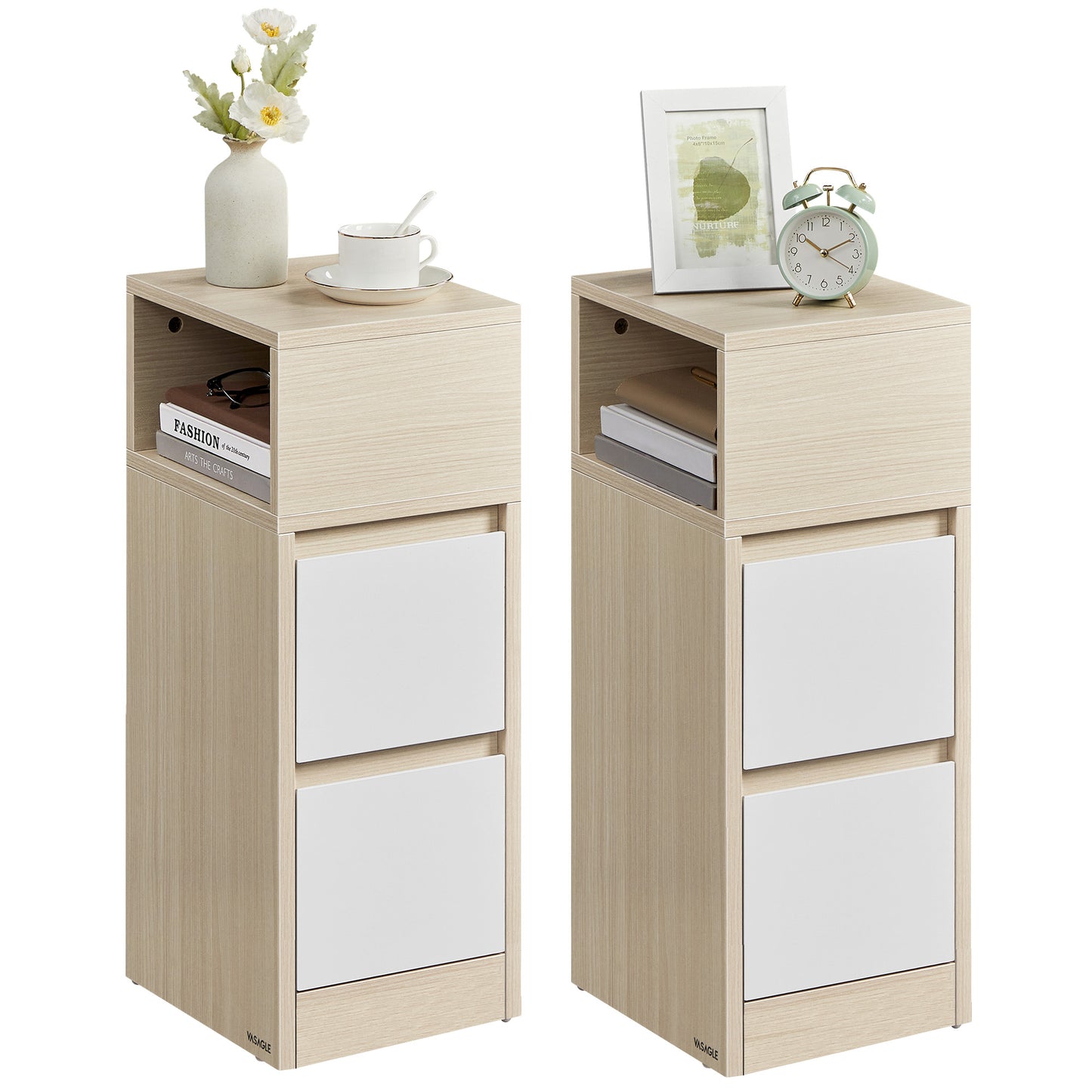 Narrow Nightstands Set of 2 with Drawers, Natural and Beige - image 1