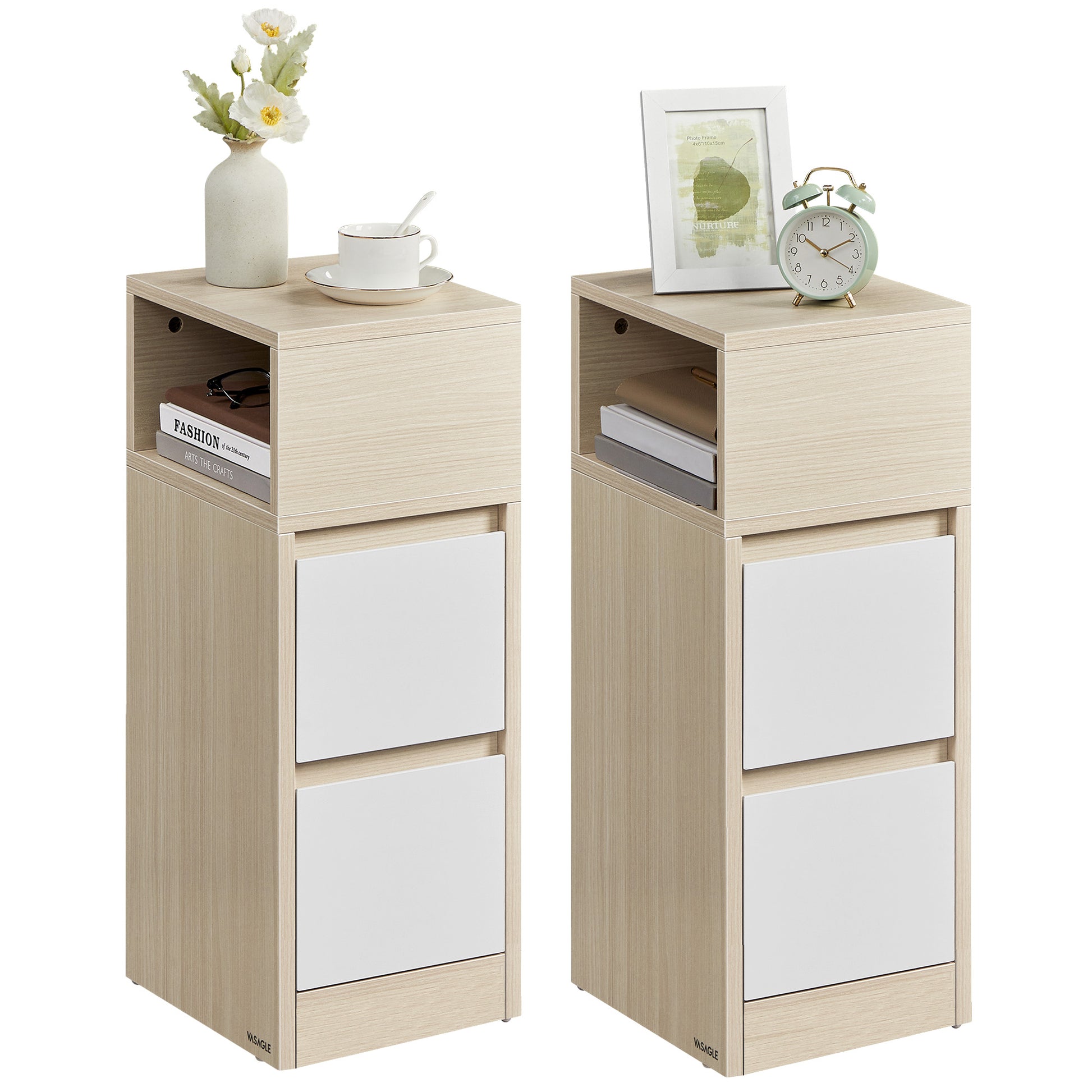 Narrow Nightstands Set of 2 with Drawers, Natural and Beige - image 1