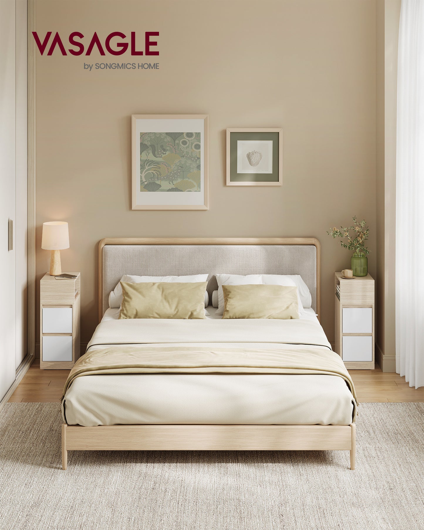Narrow Nightstands Set of 2 with Drawers, Natural and Beige - image 2