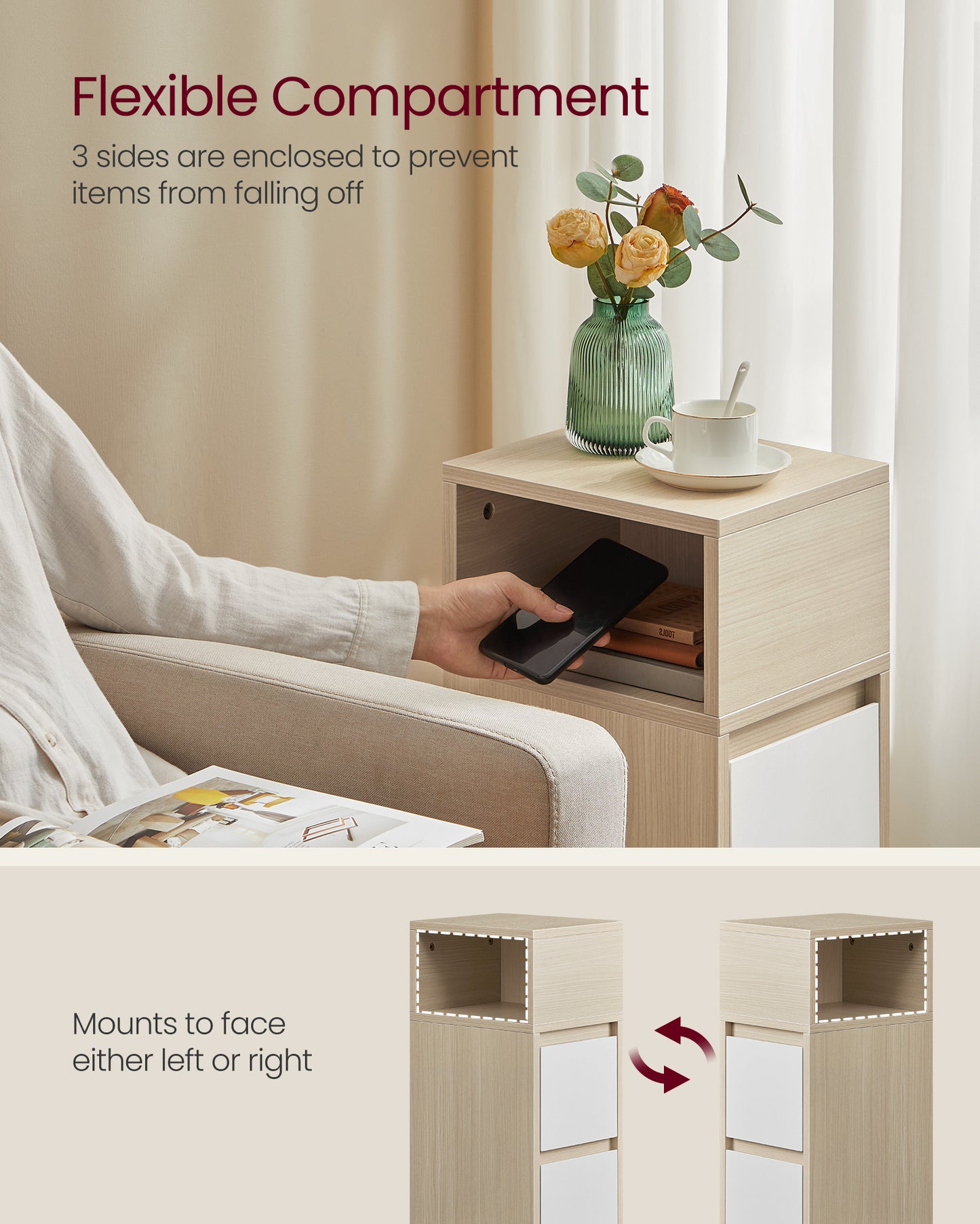 Narrow Nightstands Set of 2 with Drawers, Natural and Beige - image 3