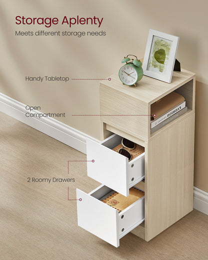 Narrow Nightstands Set of 2 with Drawers, Natural and Beige - image 4