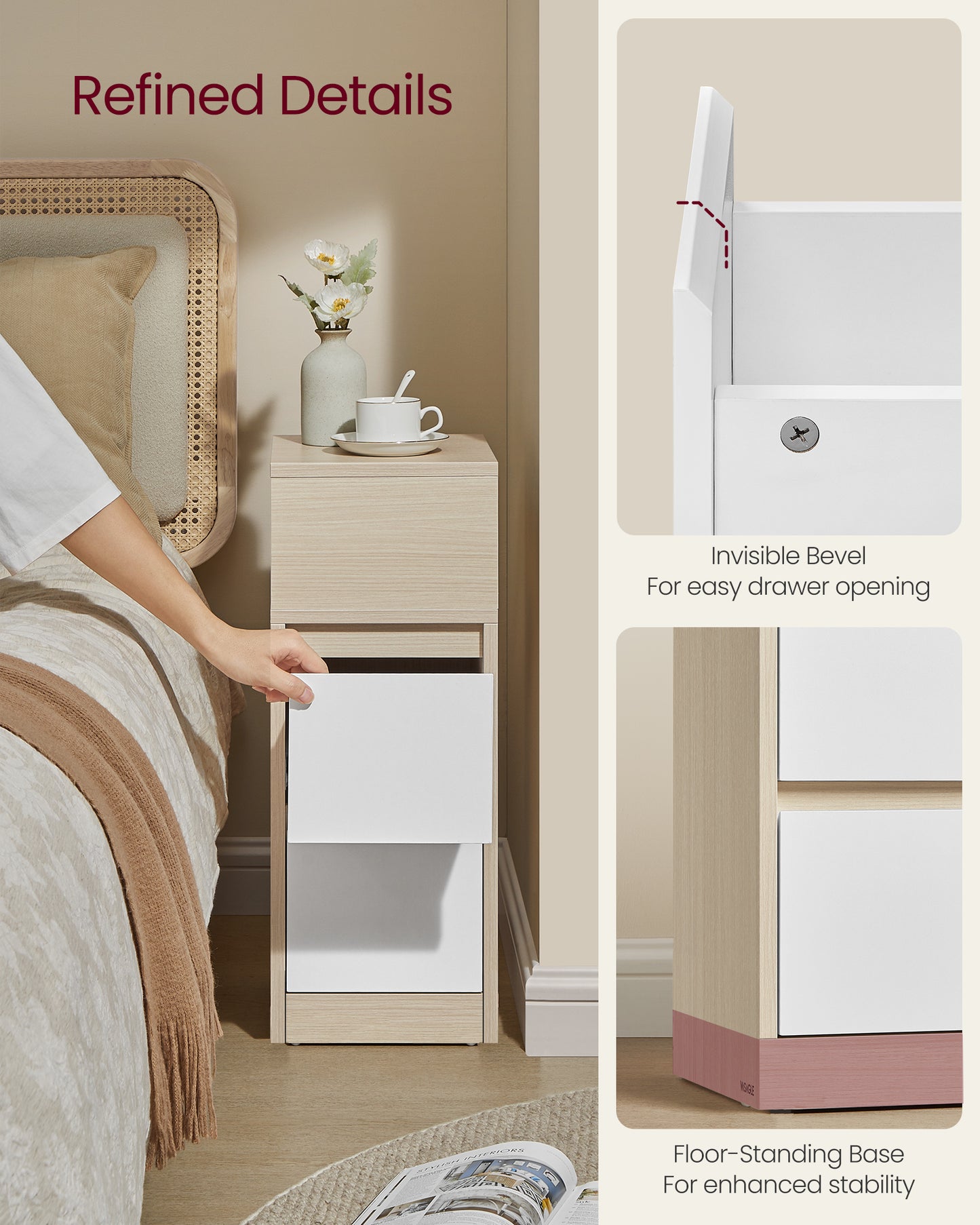 Narrow Nightstands Set of 2 with Drawers, Natural and Beige - image 5