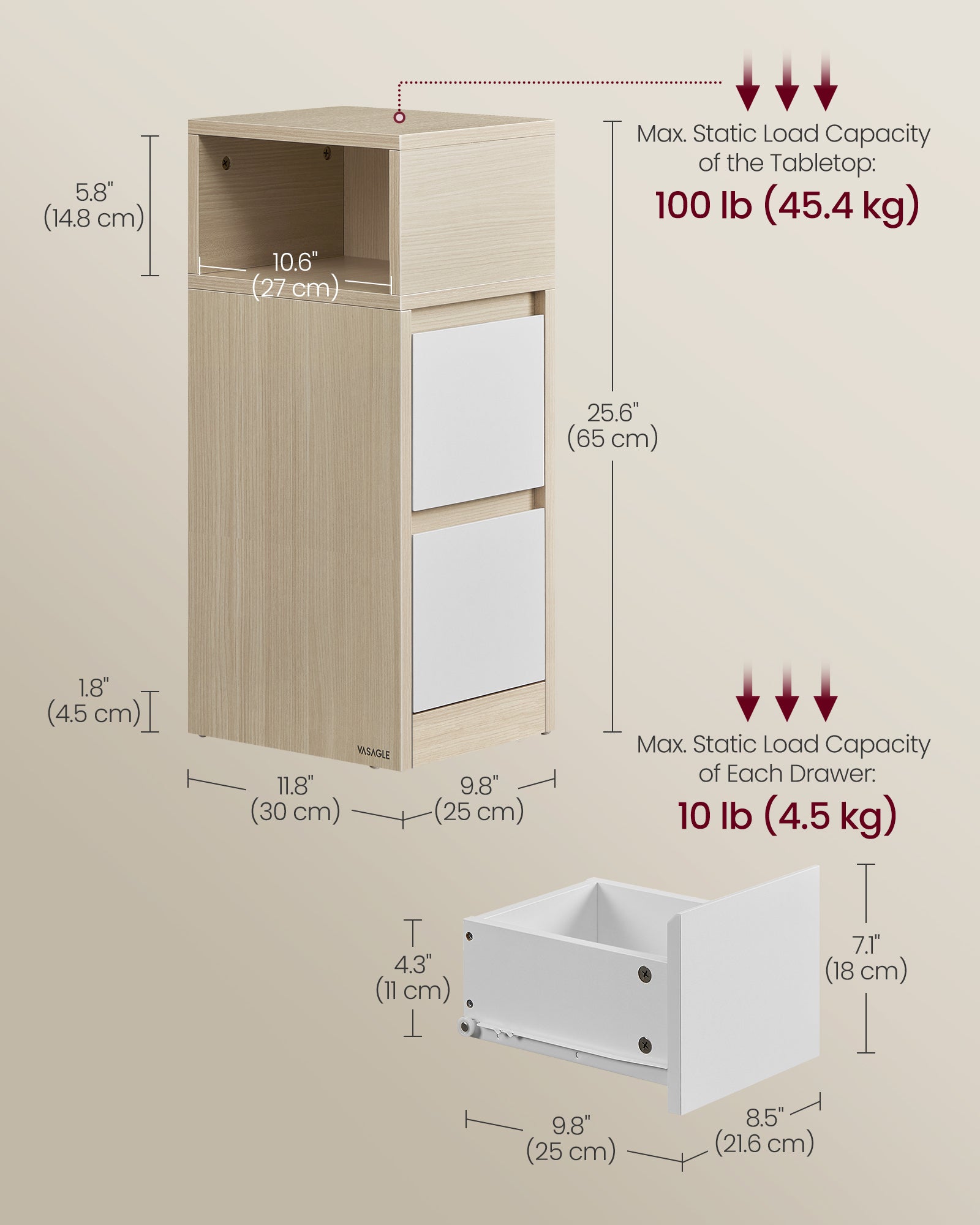 Narrow Nightstands Set of 2 with Drawers, Natural and Beige - image 6