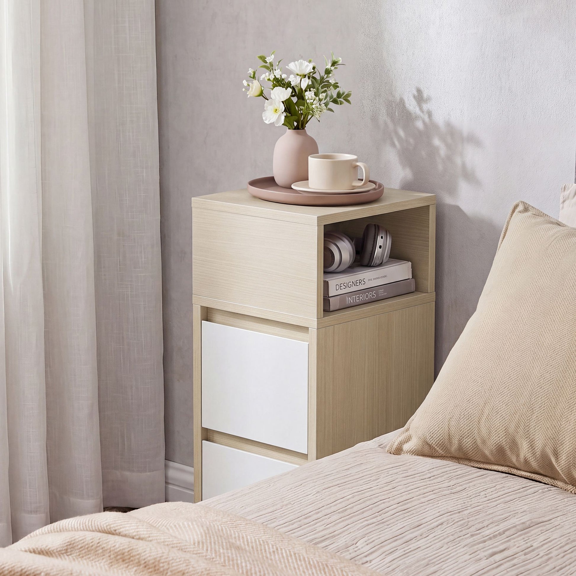 Set of 2 Narrow Side Tables, Slim End Table with 2 Drawers, 1 Open
Compartment, for Living Room, Bedroom - image 4