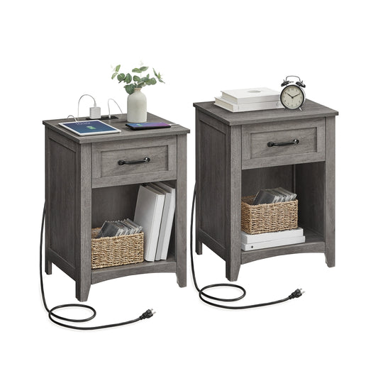 LIRY Collection - Farmhouse Nightstands with Charging Station, Set of 2 Bedside Tables, Side Tables with Drawer, Misty Gray - image 1